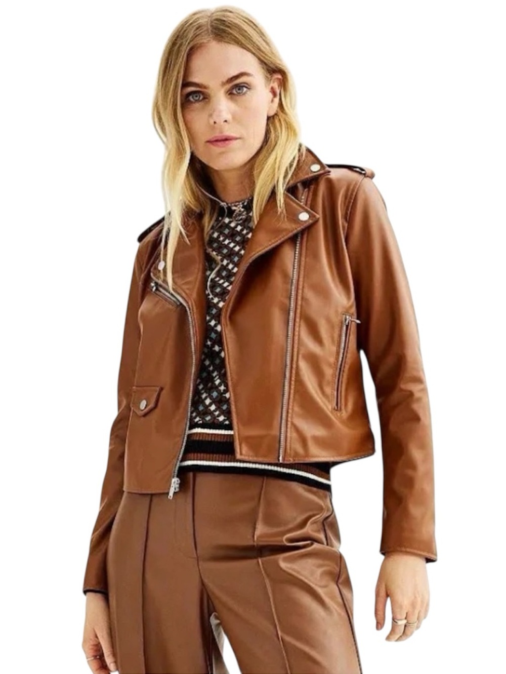 Nine West Women's Brown Faux-Leather Moto Jacket Plus Size 4X